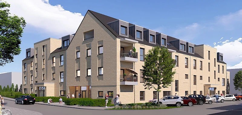 Die Kita wird sich im Erdgeschoss und im 1. Obergeschoss auf der rechten Gebäudeseite befinden, die Wohnungen auf der linken Gebäudeseite sowie in den Etagen oberhalb der Kita.